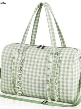 Ruffle Gingham Travel Duffel Bag Polyester Zip Weekender Crossbody